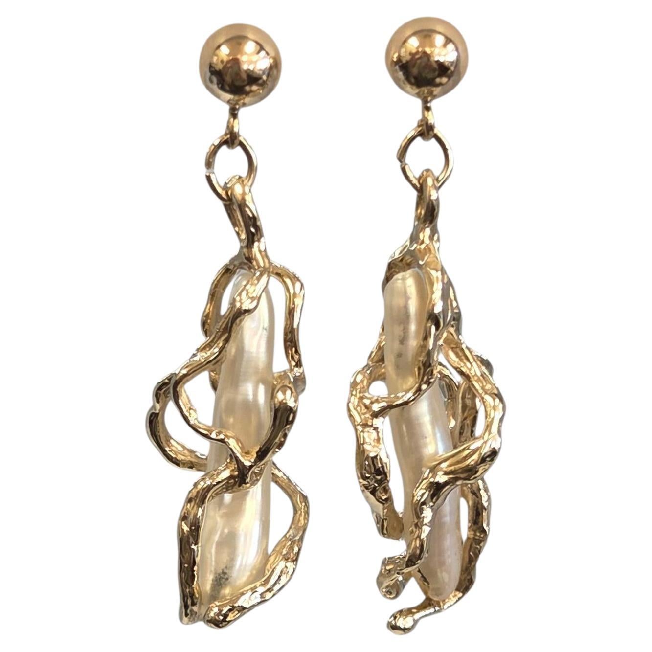 14K Yellow Gold Cradled Pearl Dangle Earrings #23857