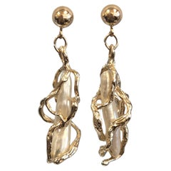 14K Yellow Gold Cradled Pearl Dangle Earrings #23857