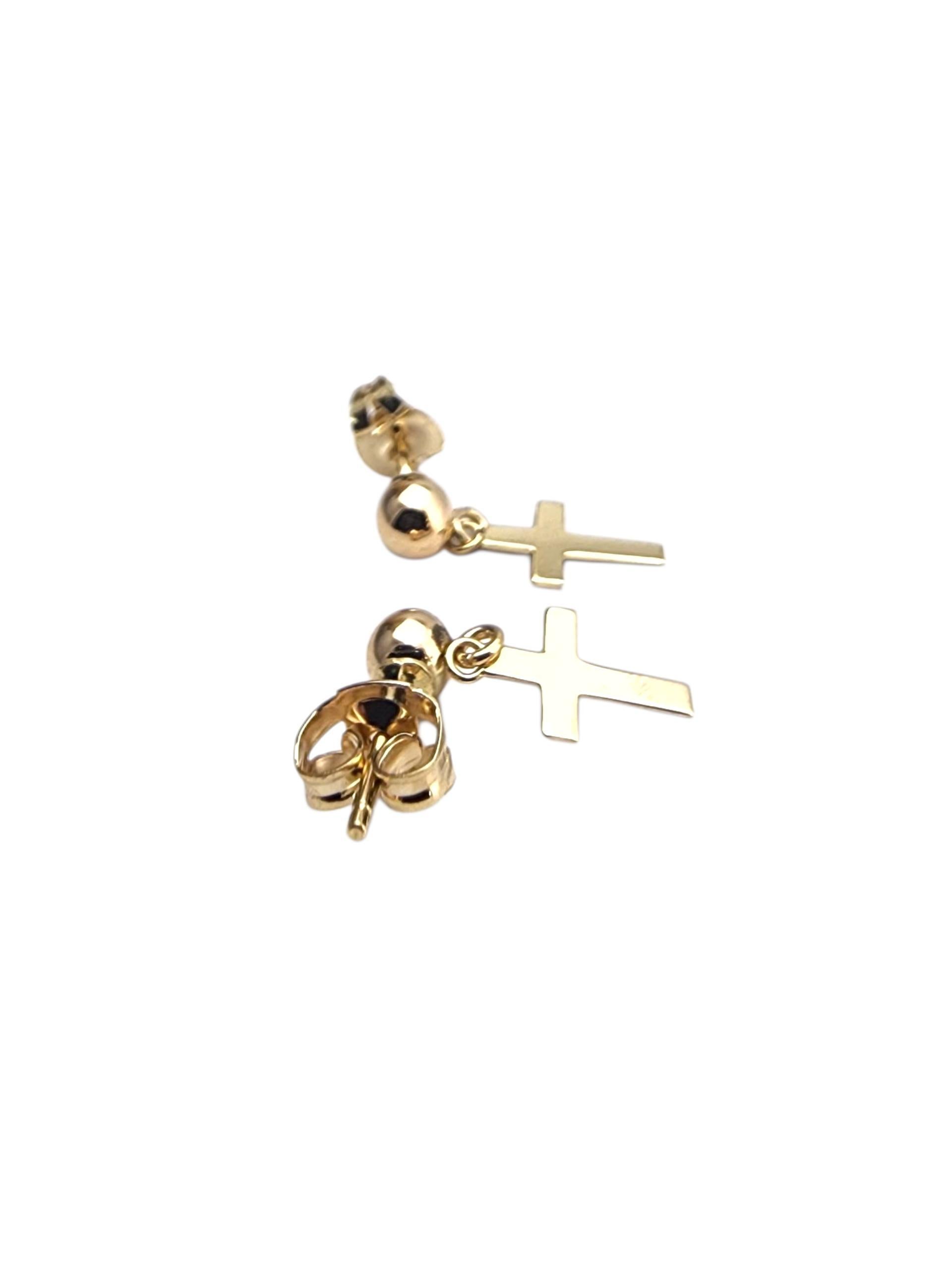 14K Yellow Gold Cross Dangle Earrings #22848 In Good Condition For Sale In Washington Depot, CT