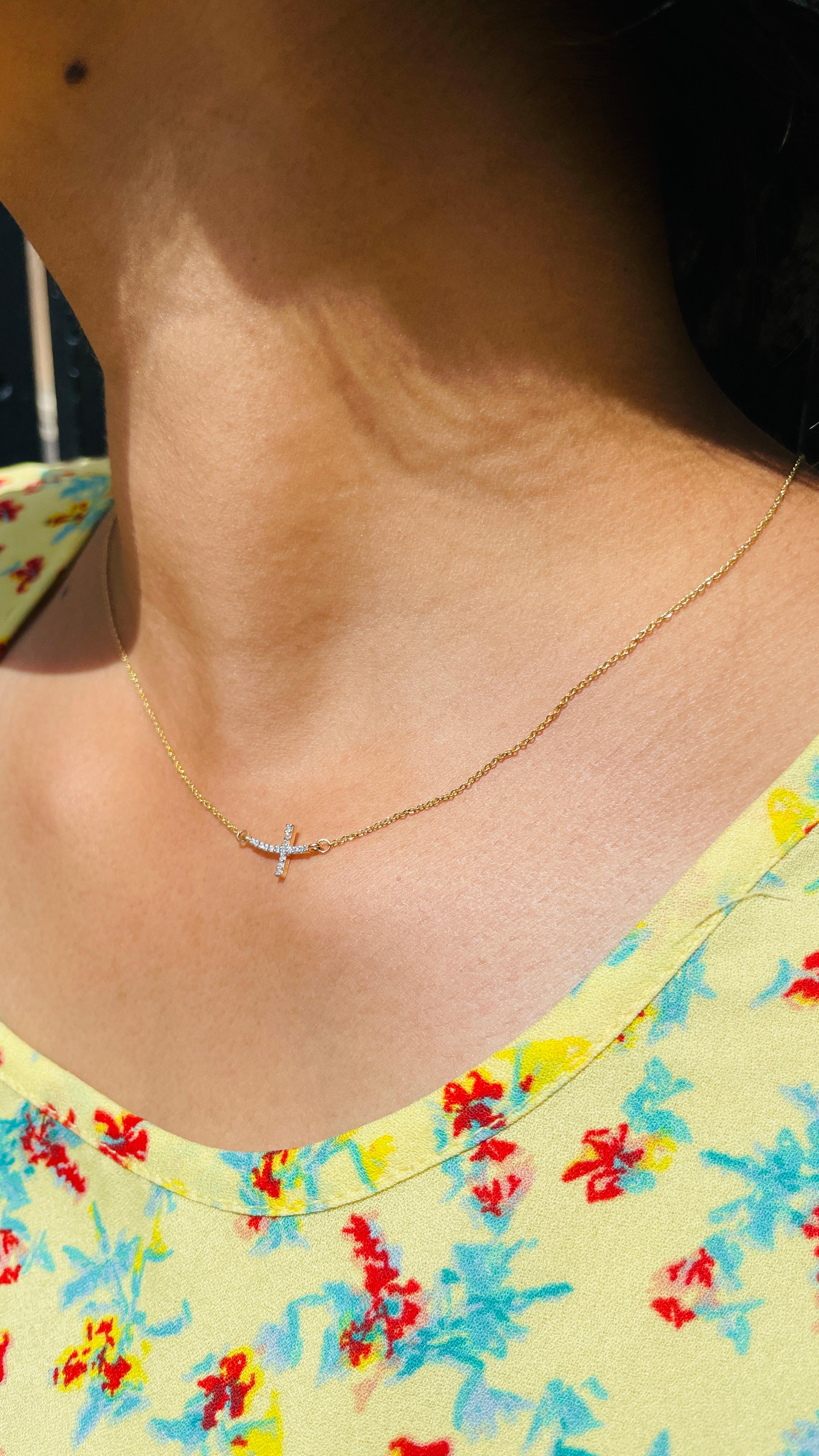 Women's 14k Yellow Gold Dainty Diamond Cross Chain Necklace For Sale