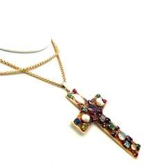 14K Yellow Gold Cross Pendant Necklace with Multi-Gemstones 29.5 Inch 33.8 Grams