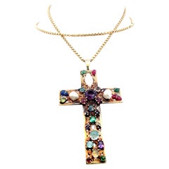 14K Yellow Gold Cross Pendant Necklace with Multi-Gemstones 29.5 Inch 33.8 Grams