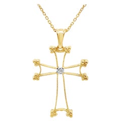 14K Yellow Gold Cross Pendant Necklace with One Center Diamond 0.14 Carat