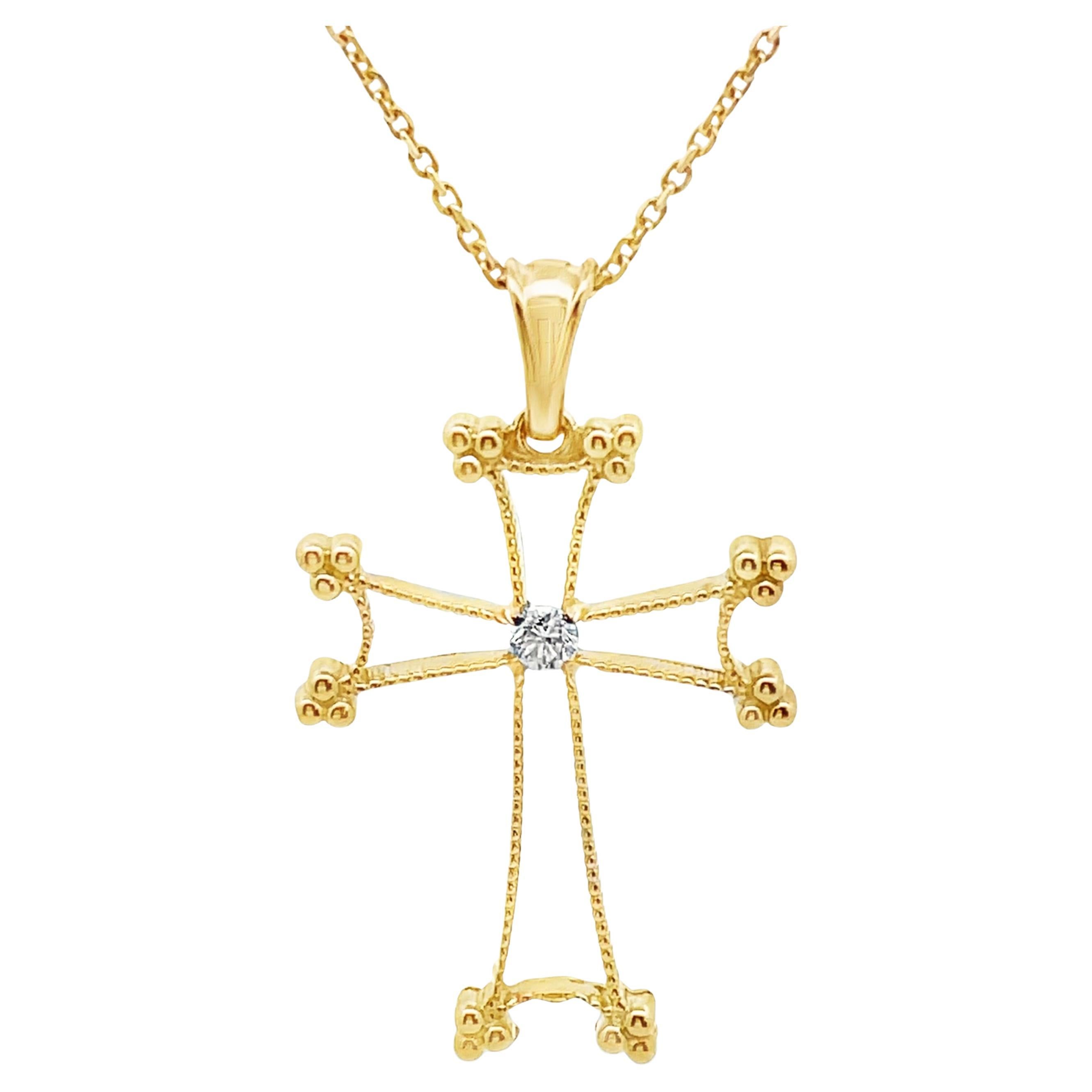 14K Gelbgold Kreuz-Anhänger Halskette mit einem Diamanten 0,14 Karat