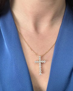 14K Yellow Gold Cross Pendant Necklace with Round Diamonds 2.02 Carats