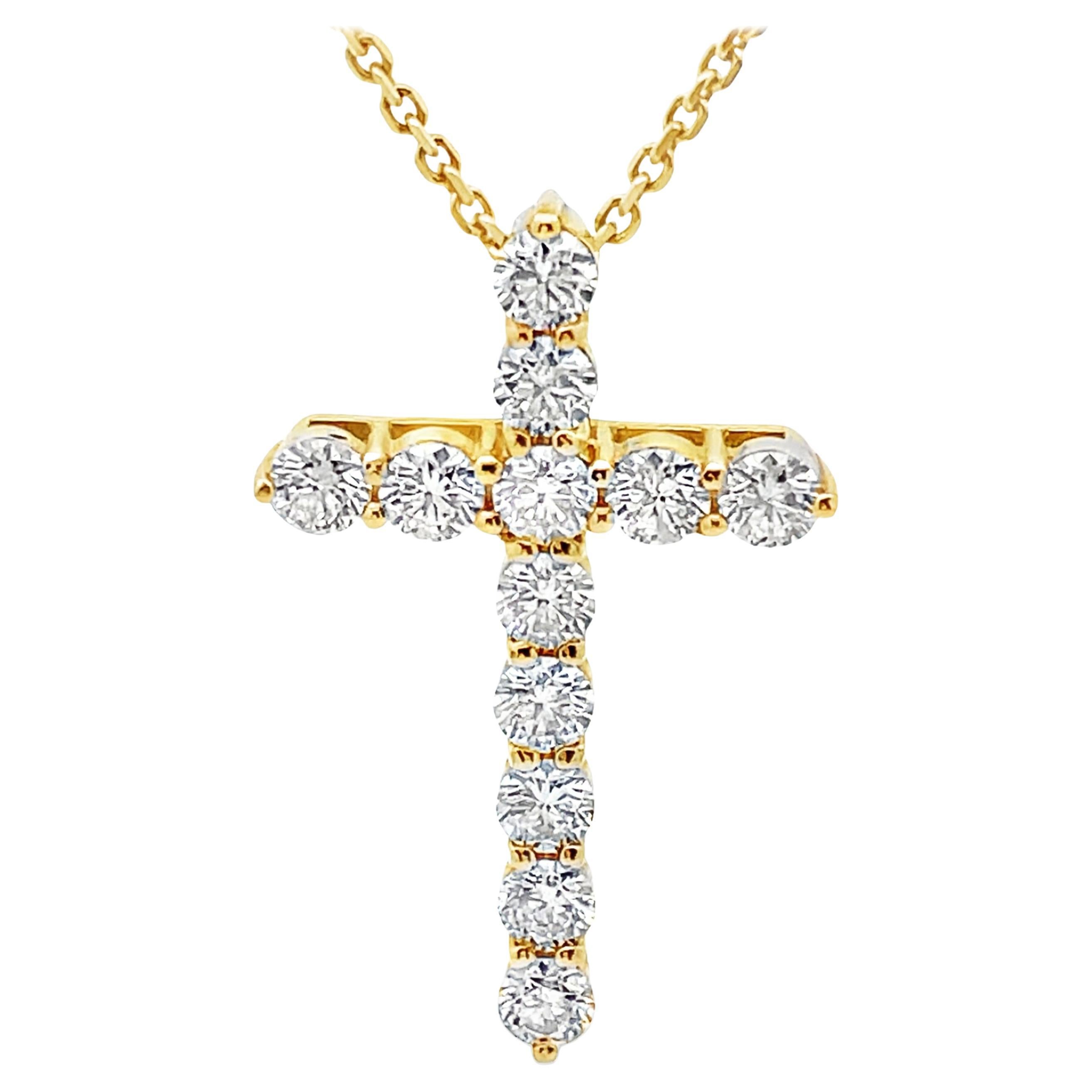 14K Yellow Gold Cross Pendant Necklace with Round Diamonds 2.02 Carats