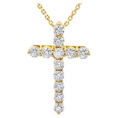 14K Yellow Gold Cross Pendant Necklace with Round Diamonds 2.02 Carats
