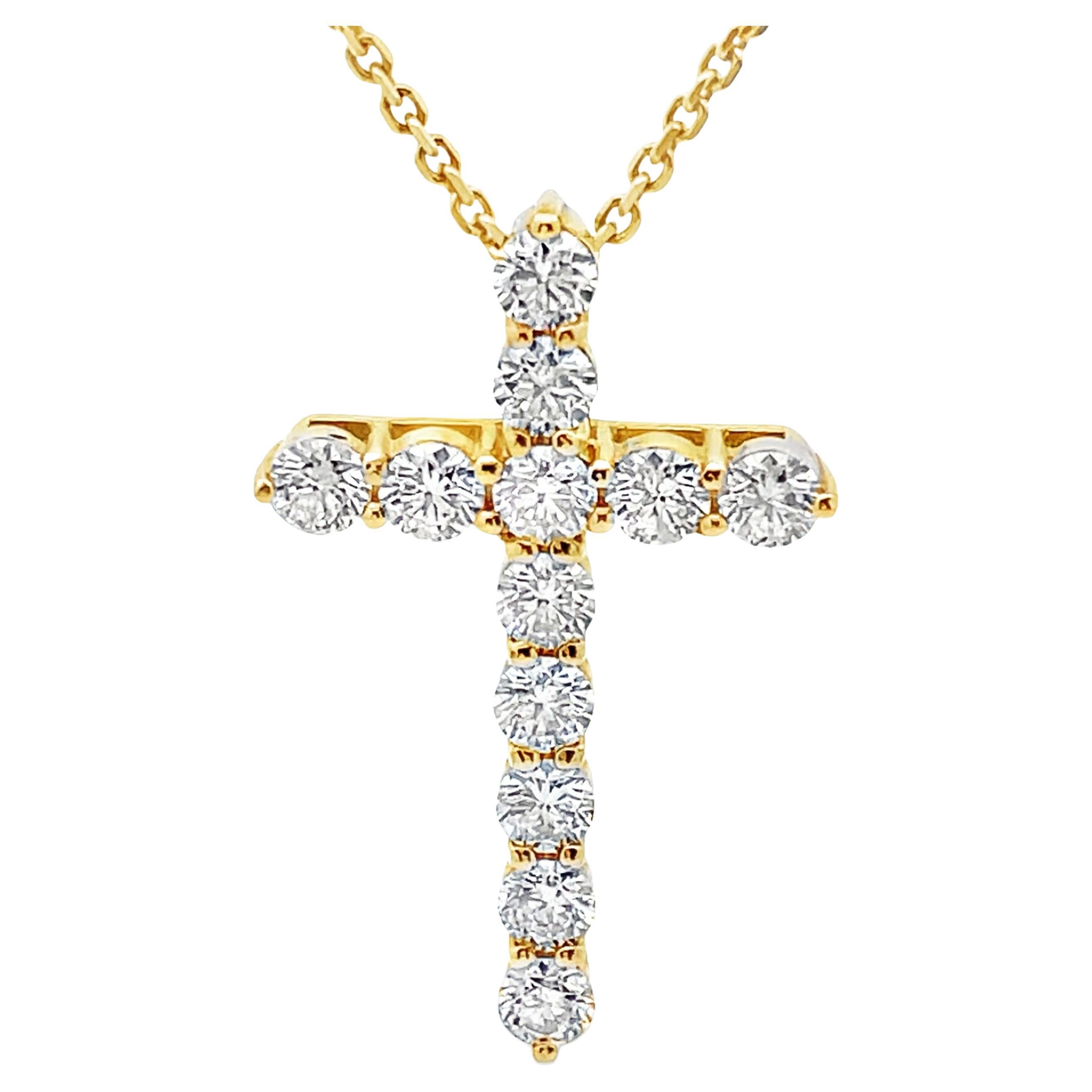 14K Gelbgold Kreuz-Anhänger Halskette mit runden Diamanten 2,02 Karat