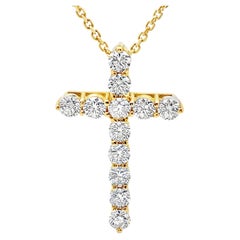 14K Yellow Gold Cross Pendant Necklace with Round Diamonds 2.02 Carats