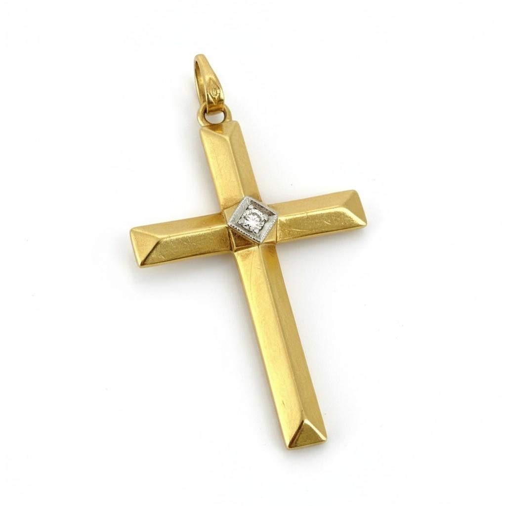 da uomo o donna Ciondolo a forma di croce in oro giallo 14K con diamante e catena in vendita
