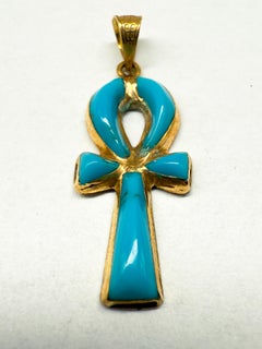 14K Yellow Gold Cross Pendant with Natural Turquoise