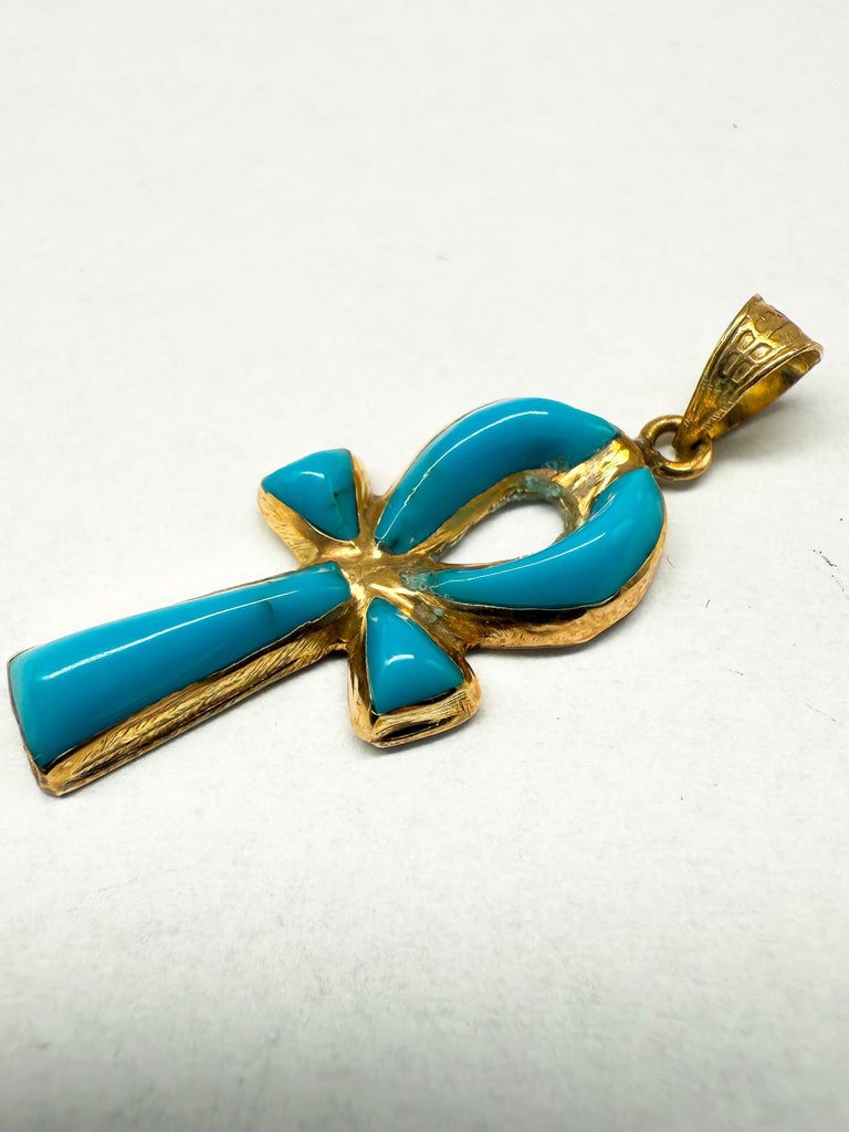 Croix Ancienne En Or Jaune 18 Carats Avec Turquoises Et Perle - Occasion