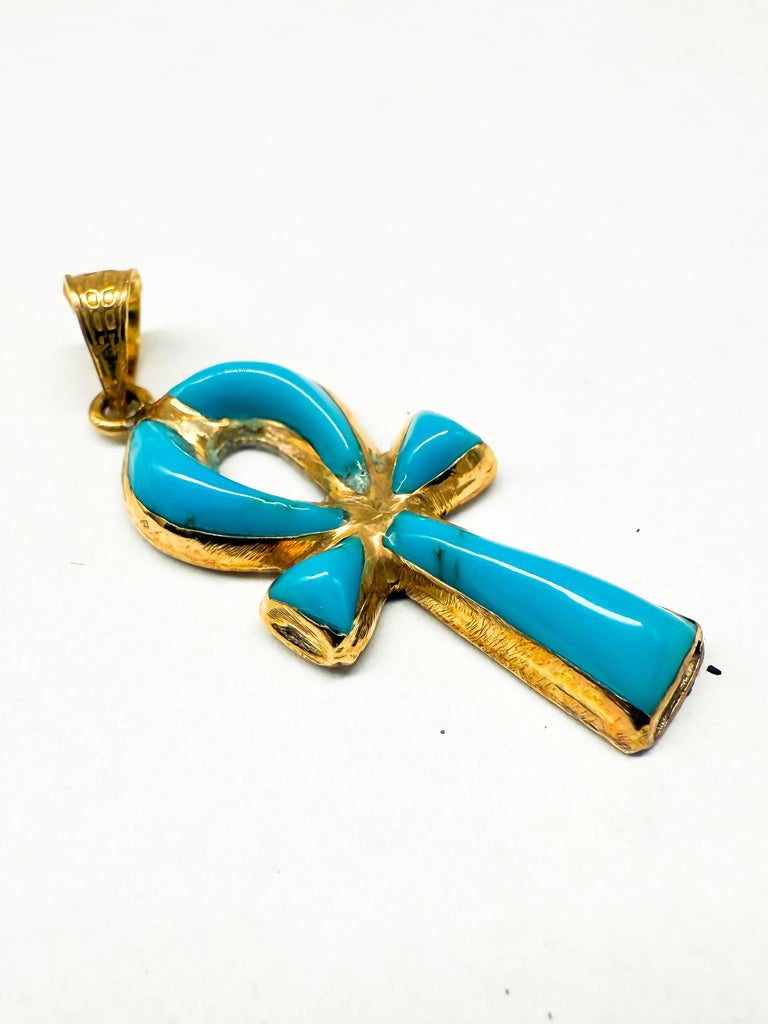 Croix Ancienne En Or Jaune 18 Carats Avec Turquoises Et Perle - Occasion