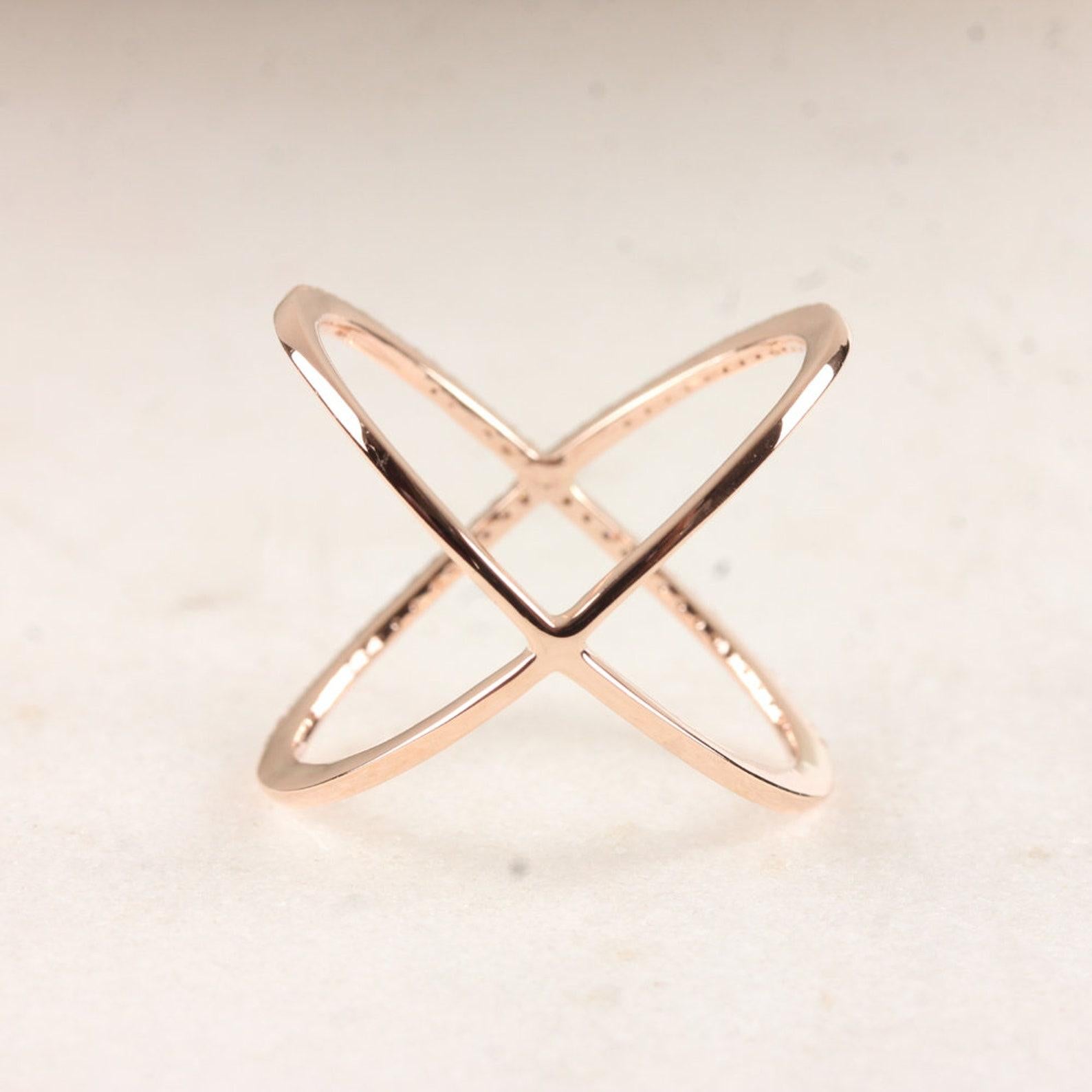 14k Gelbgold Kreuzring Natürlicher Pave Diamantring Einzigartiges Geschenk für Frauen. im Angebot 7