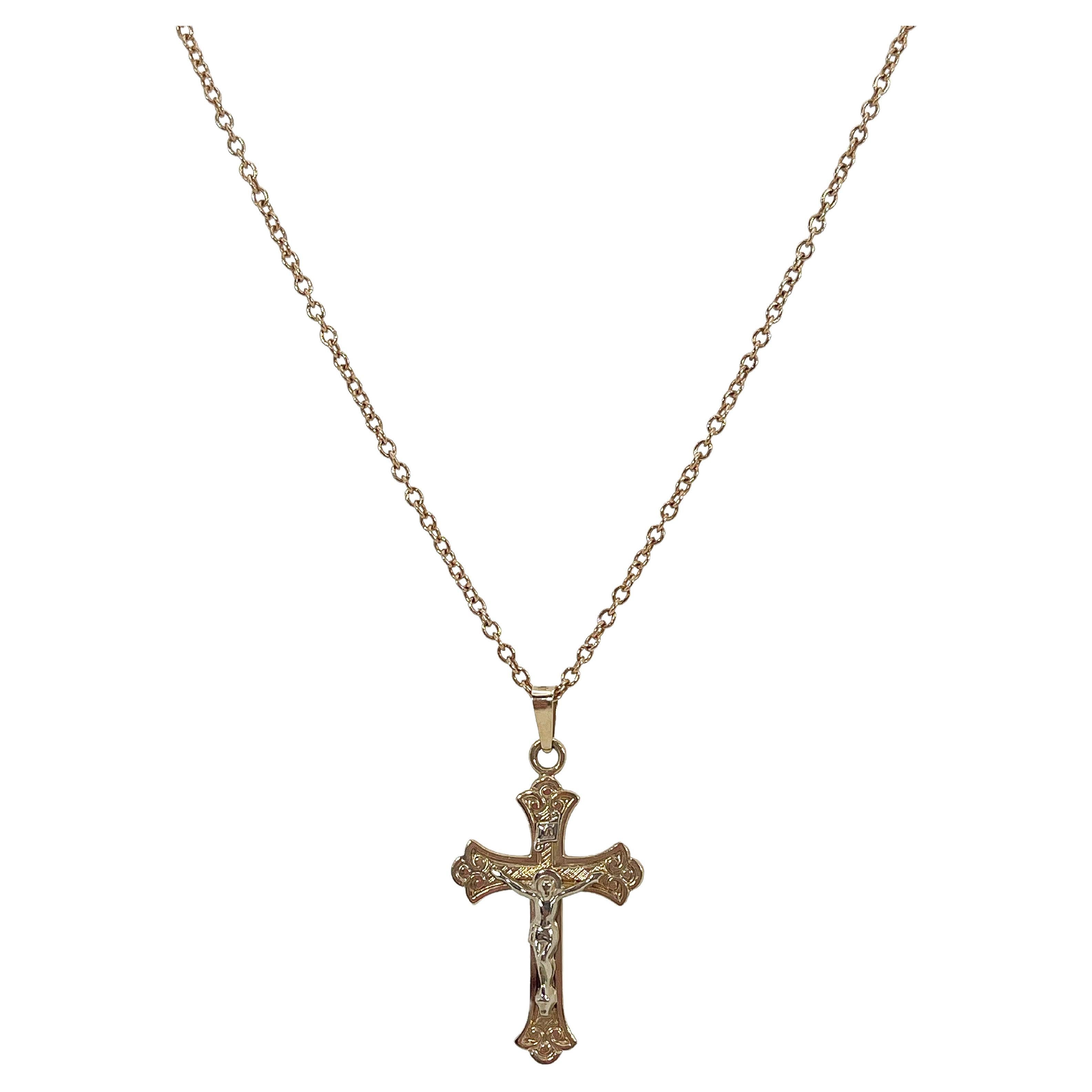 14K Yellow Gold Crucifix Pendant Necklace  For Sale