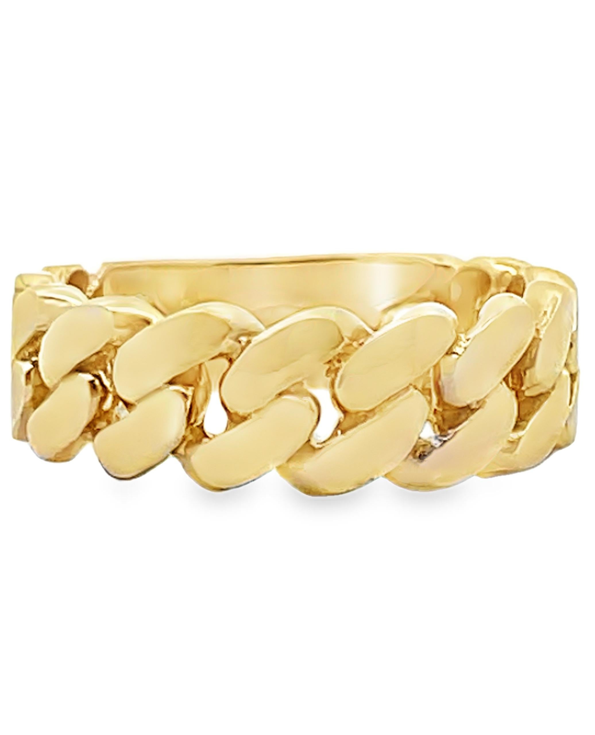 Bague à maillons en or jaune 14K mesurant 7 mm de large. 

- Doigt 8.5, peut être ajusté à la taille supérieure ou inférieure.
- L'anneau pèse 7,6 grammes