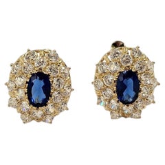 14K Yellow Gold Cubic Zirconia Blue Stone Oval Halo Earrings #25759