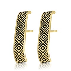 14K Yellow Gold Cuff Stud Earrings Black Enamel Criss-Cross Texture