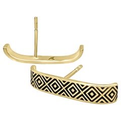 14K Yellow Gold Cuff Stud Earrings Black Enamel Criss-Cross Texture