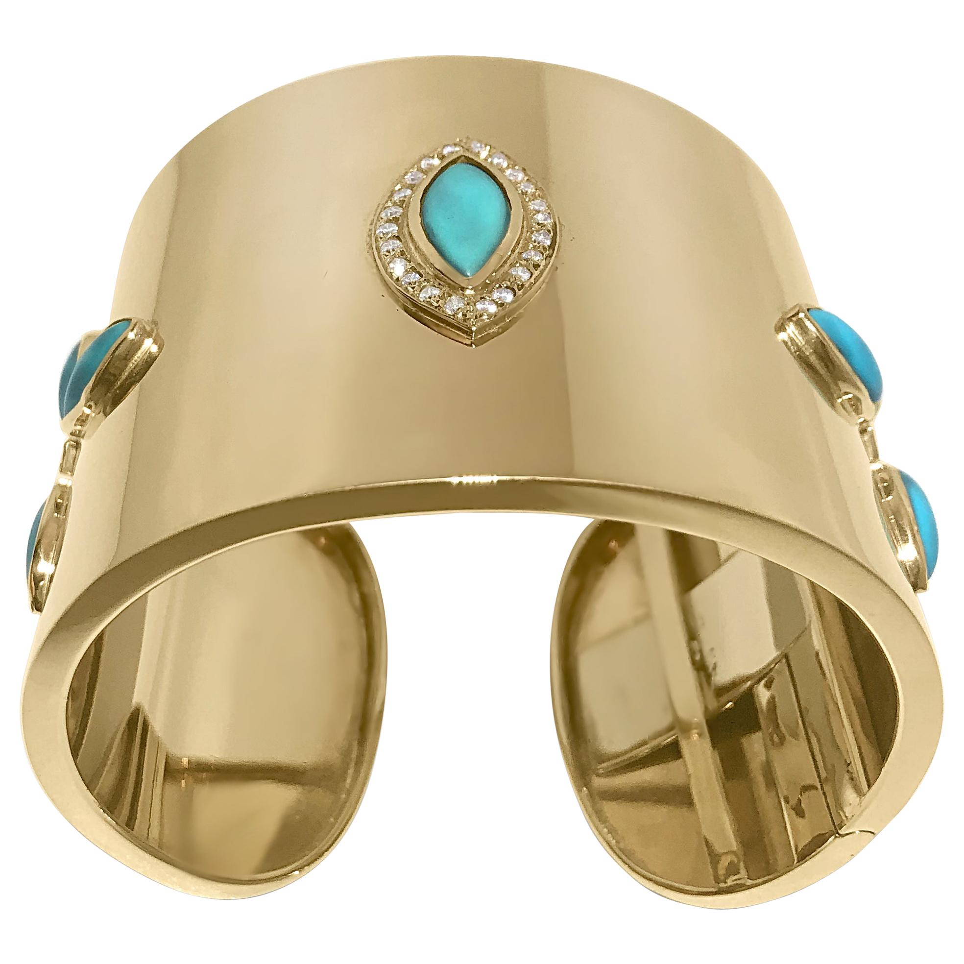 14K Yellow Gold Cuff with 24 Round Diamonds 0.60 Carat and 9 Turquoise by Manart