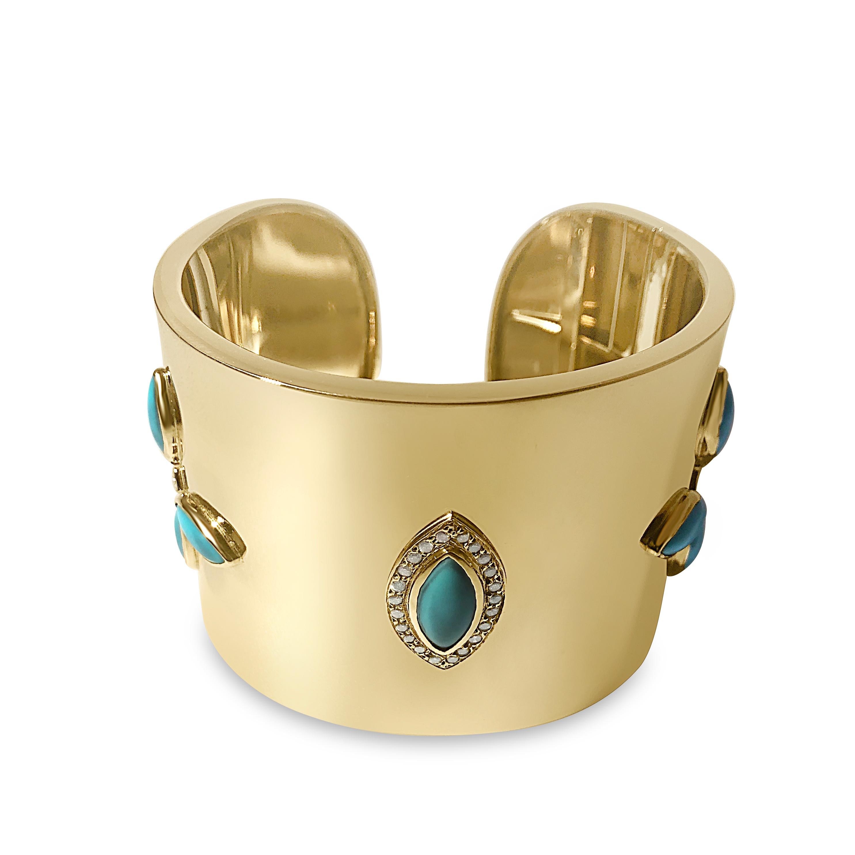 Round Cut 14K Yellow Gold Cuff with 24 Round Diamonds 0.60 Carat and 9 Turquoise by Manart For Sale