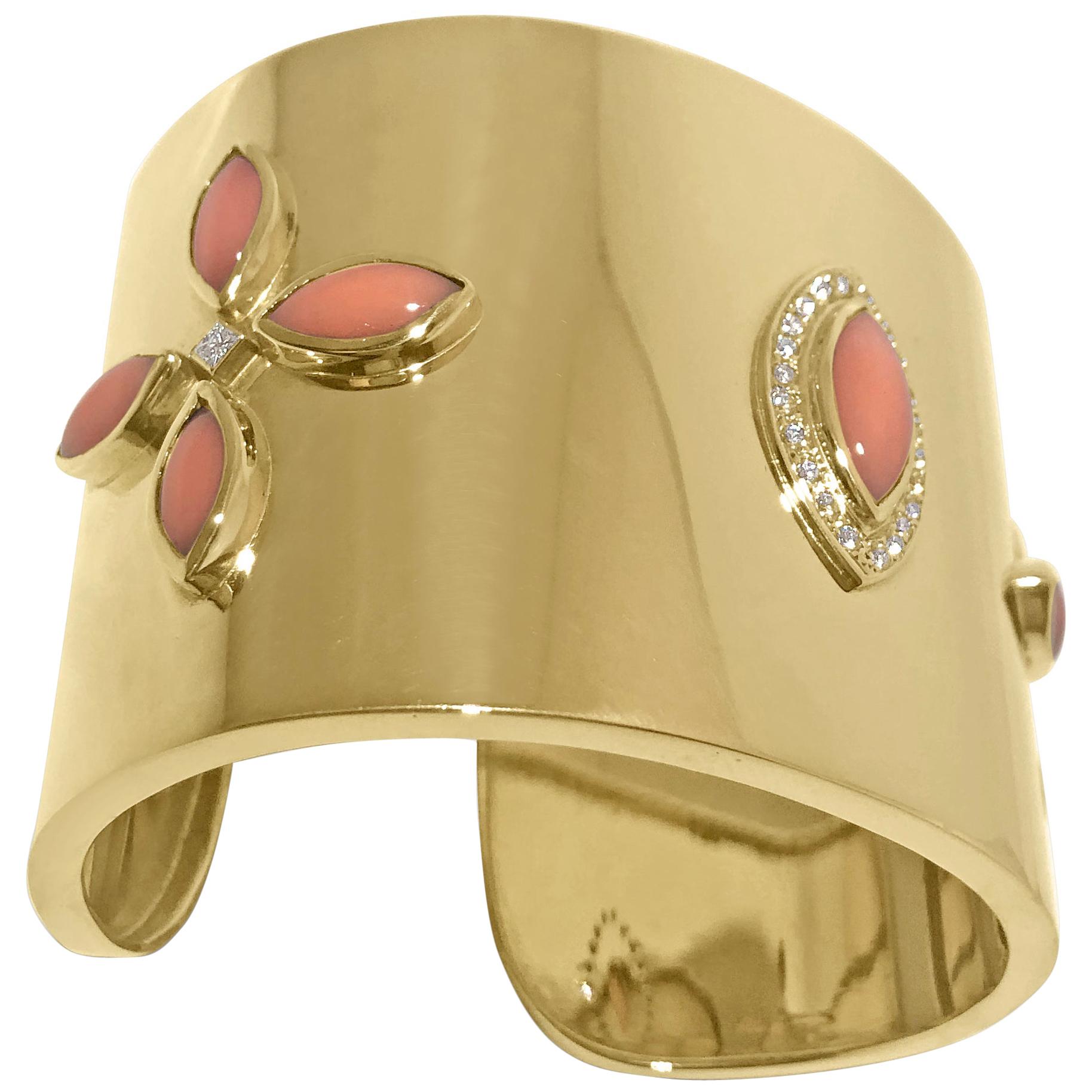 14K Yellow Gold Cuff with 24 Round Diamonds 0.60ct and Coral Cabachons by Manart