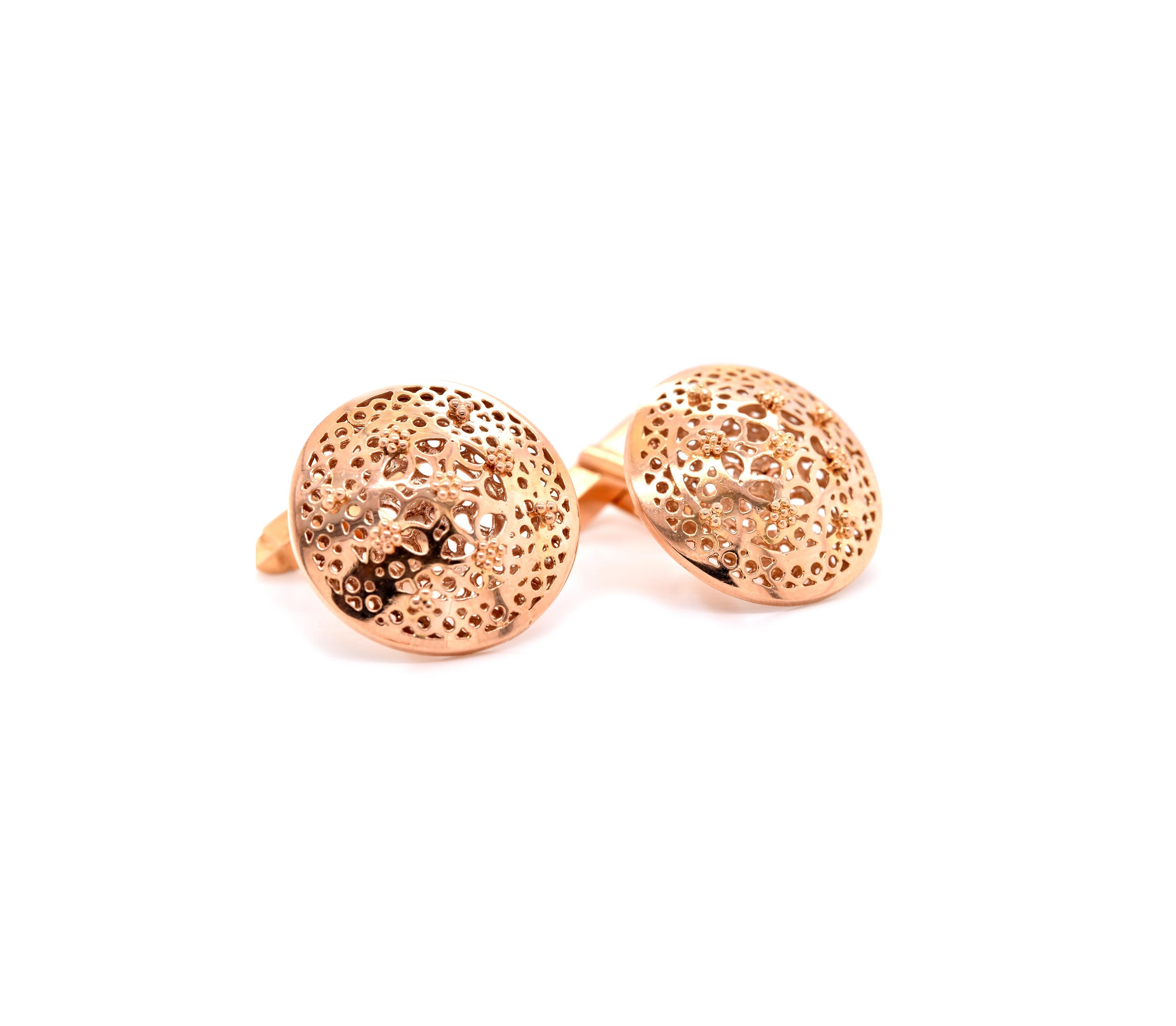 Material: 14k yellow gold
Dimensions: cufflinks measure 25mm in diameter
Weight: 22.6 grams
