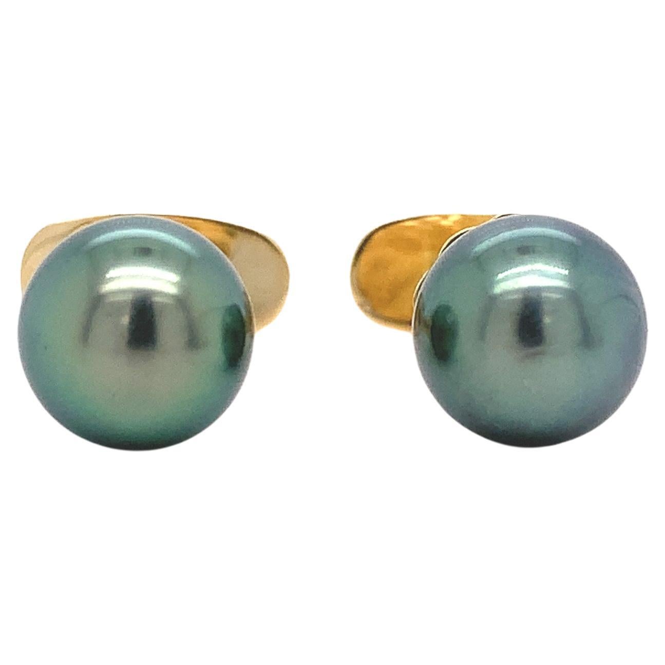 14K Yellow Gold Cufflinks with 9mm Tahitian Black Peacock Pearls For Sale