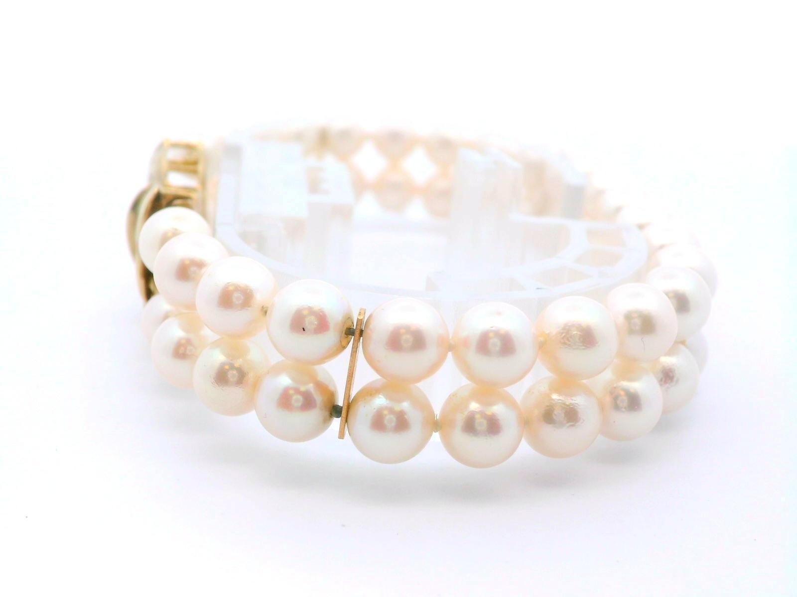 Bracciale con doppio filo di perle coltivate in oro giallo 14k con chiusura a diamante in vendita 1