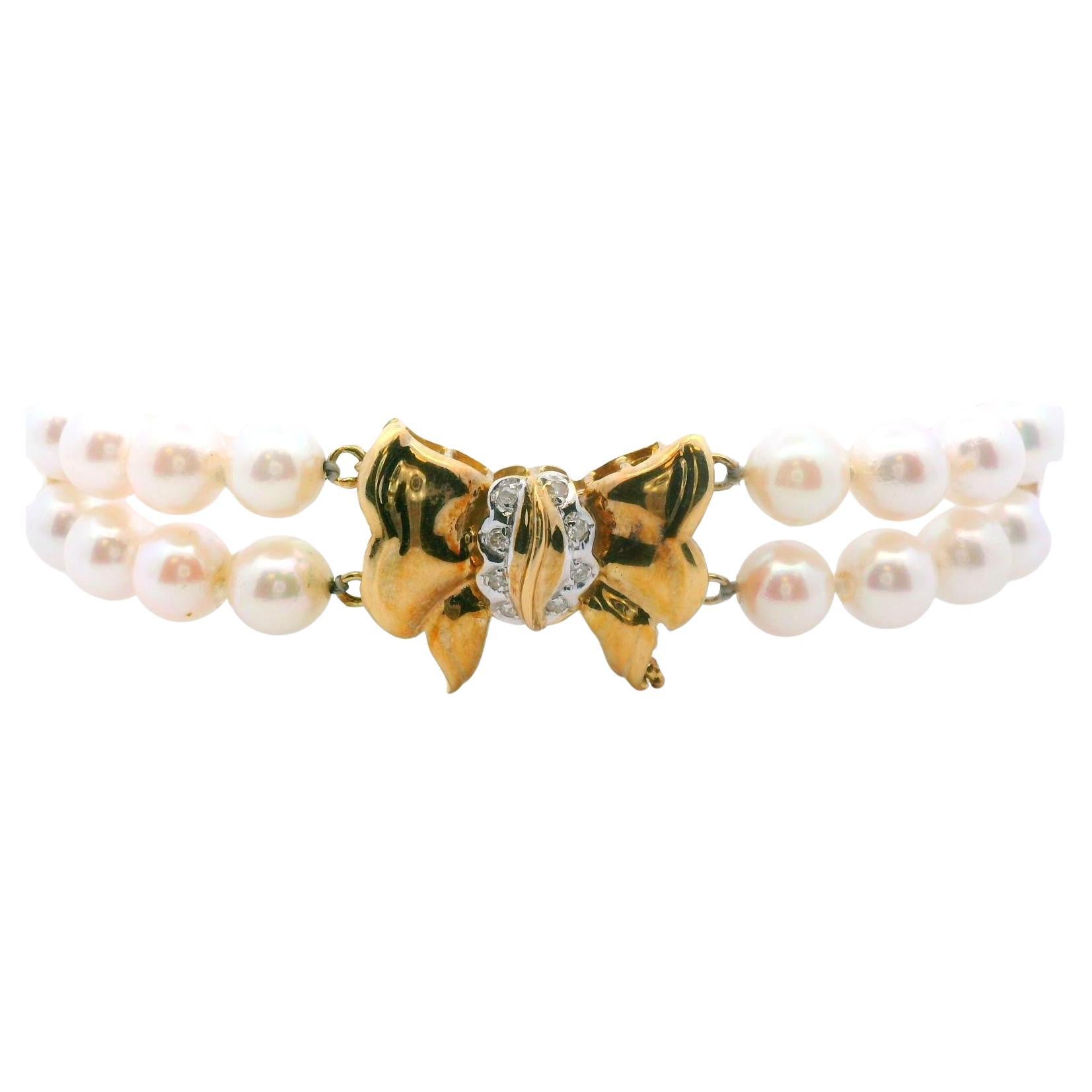 14k Yellow Gold Cultured Double Strand Pearl Bracelet w/ Diamond Clasp