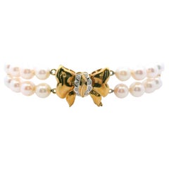 14k Yellow Gold Cultured Double Strand Pearl Bracelet w/ Diamond Clasp
