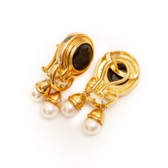 14 Karat Yellow Gold Cultured Pearl, Diamond and Black Onyx Intaglio Earrings