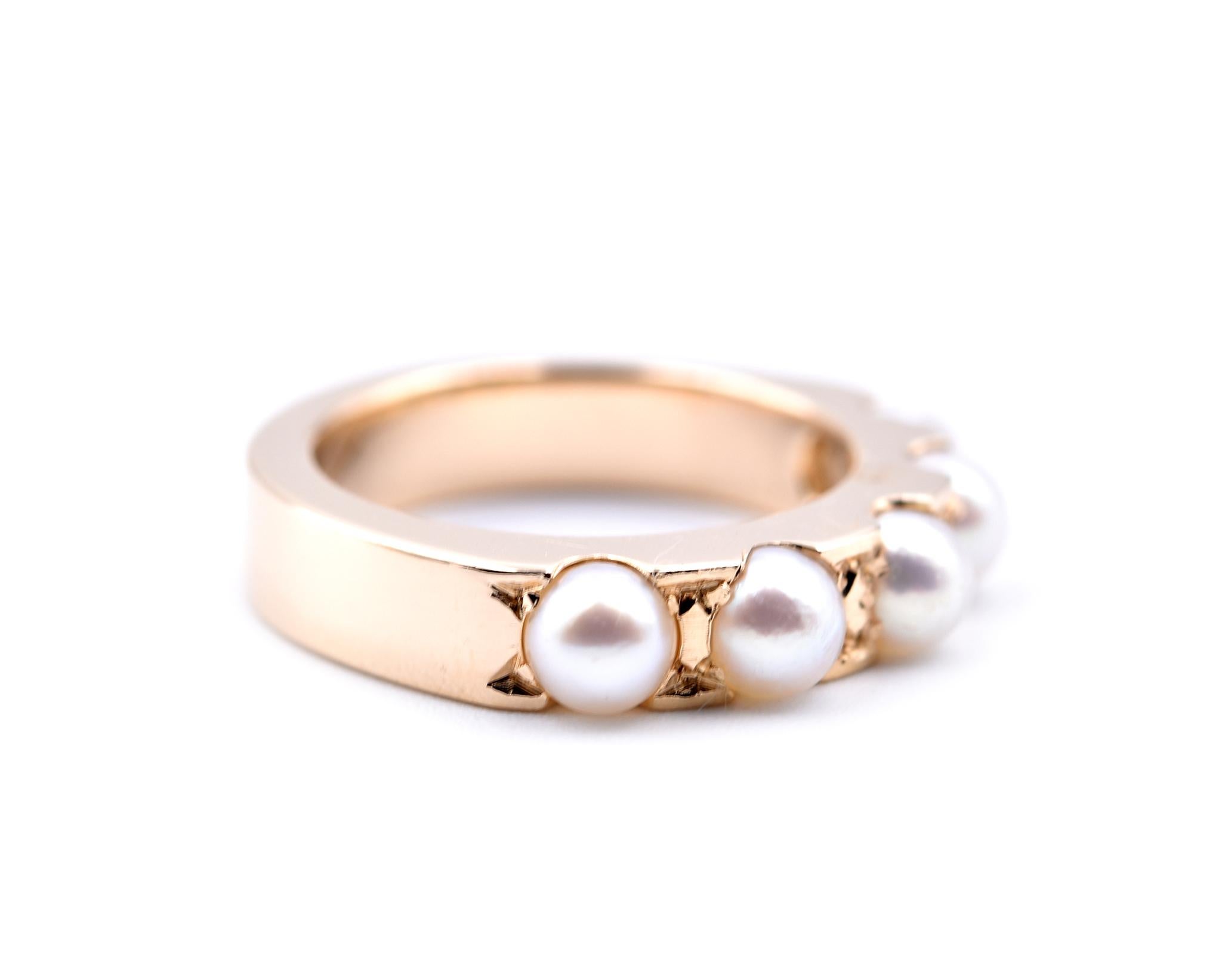 Designer: custom design
Material: 14k white gold
Cultured Pearl: 5 pearls 4mm
Ring Size: 4 (please allow two additional shipping days for sizing requests)
Dimensions: ring is 4mm wide
Weight:  5.73 grams