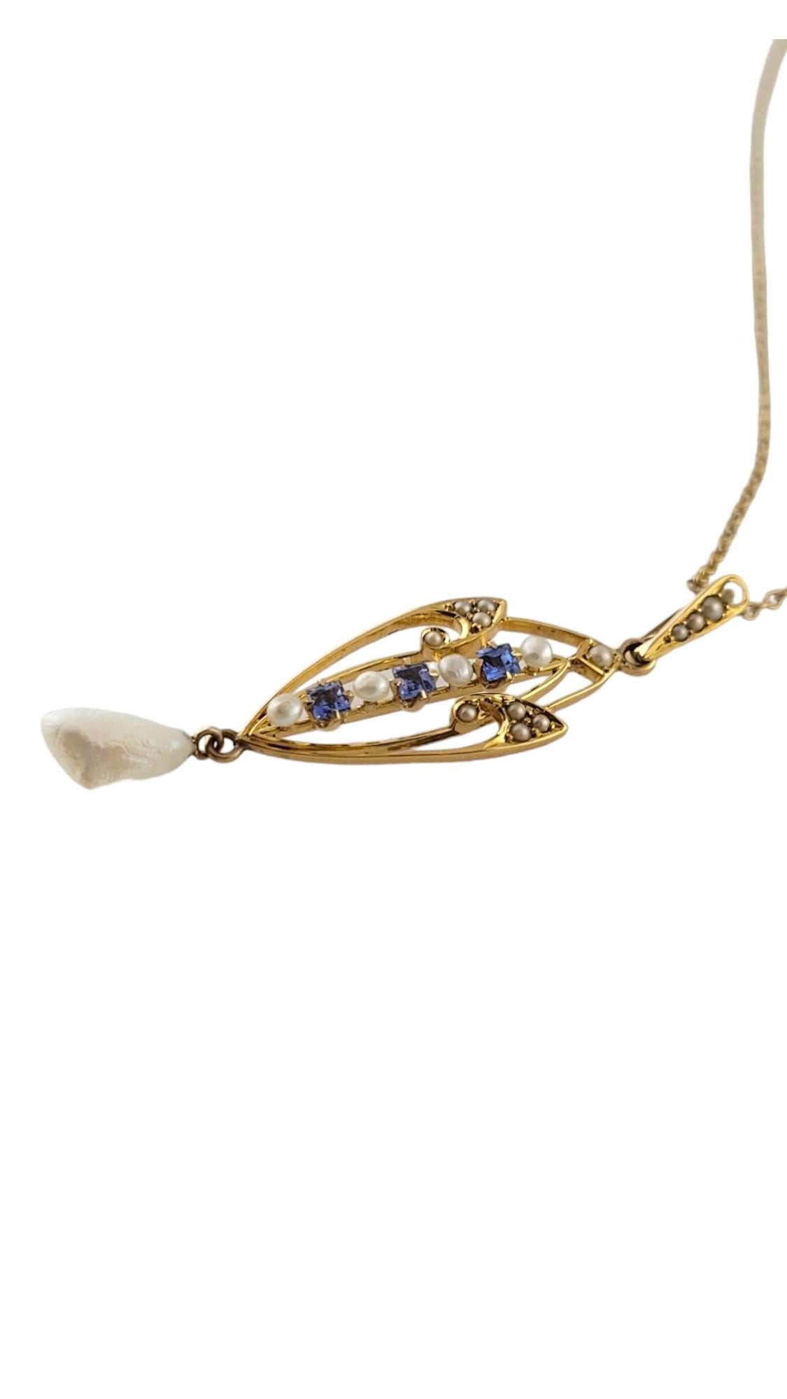 Round Cut 14K Yellow Gold Cultured Seed & Baroque Pearls with Blue Spinels Necklace #18096 For Sale