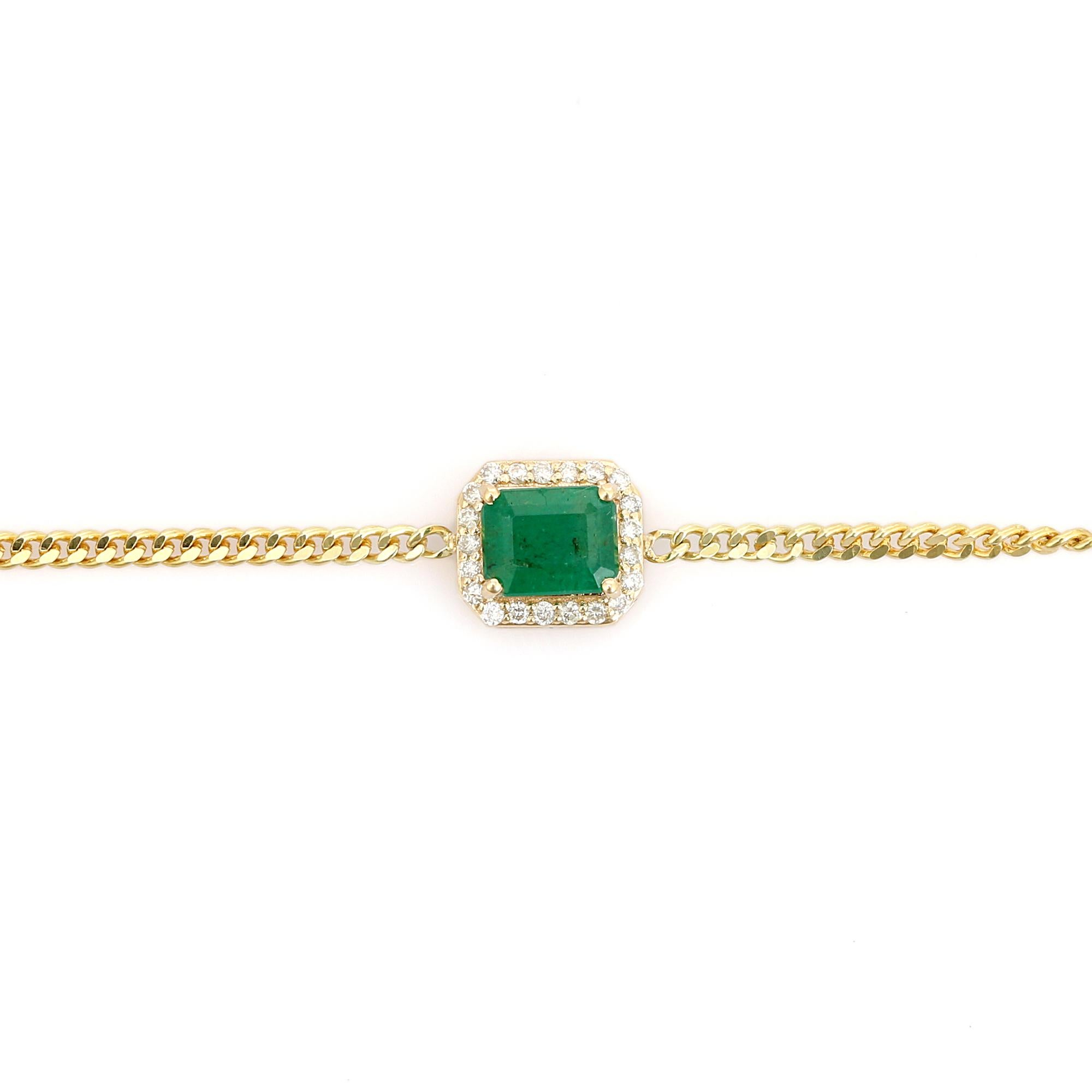 Bracelet en or jaune 14k à maillons courts avec émeraude solitaire et diamant en halo Neuf - En vente à New York, NY