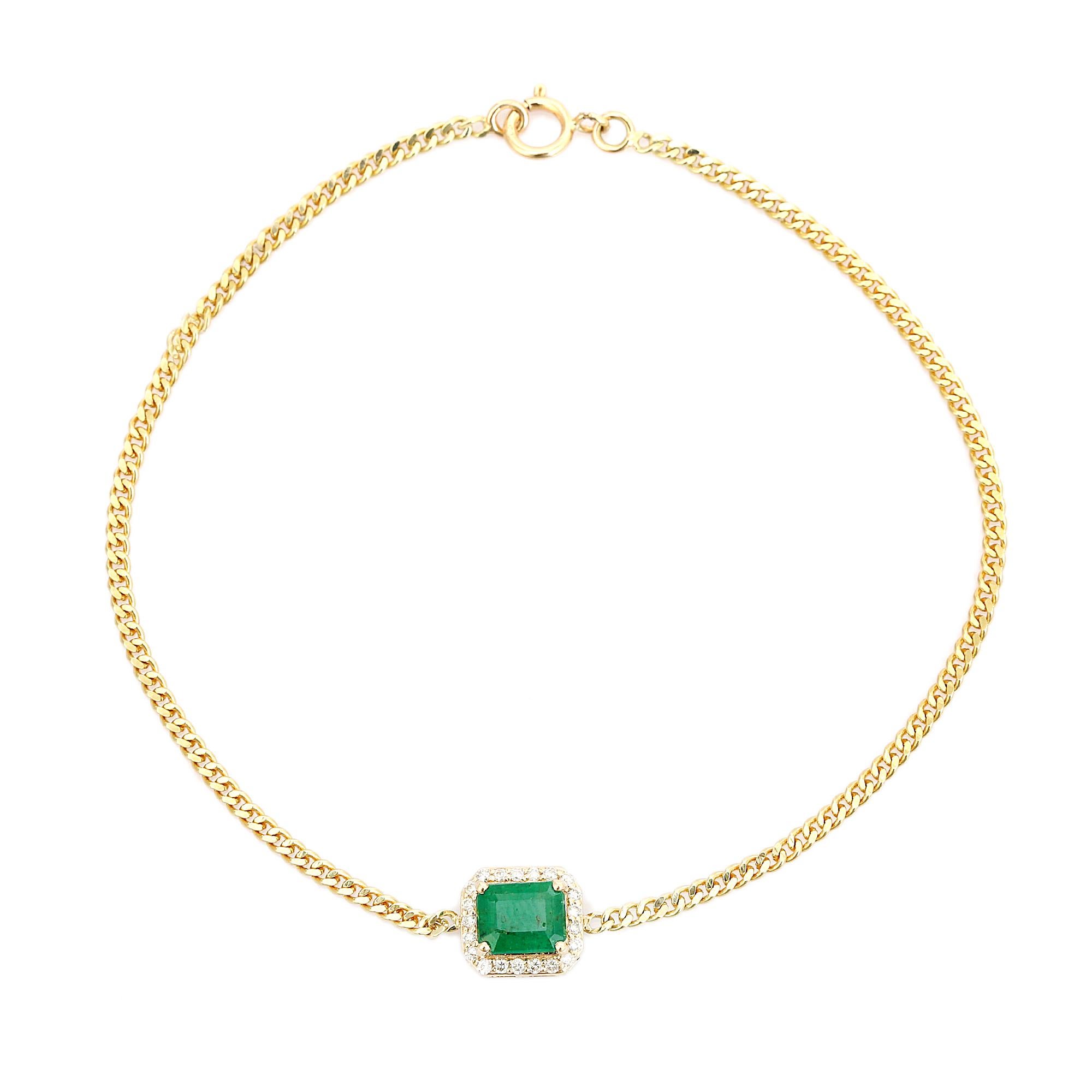 Bracelet en or jaune 14k à maillons courts avec émeraude solitaire et diamant en halo en vente 3