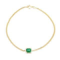 14k Gelbgold Curb Link Kette Armband mit Solitär Smaragd & Halo Diamant