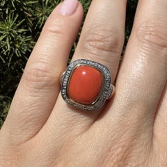 14k Yellow Gold Cushion Bezel Set Coral w/ Pave Diamond Accents Ring
