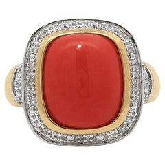 14k Yellow Gold Cushion Bezel Set Coral w/ Pave Diamond Accents Ring