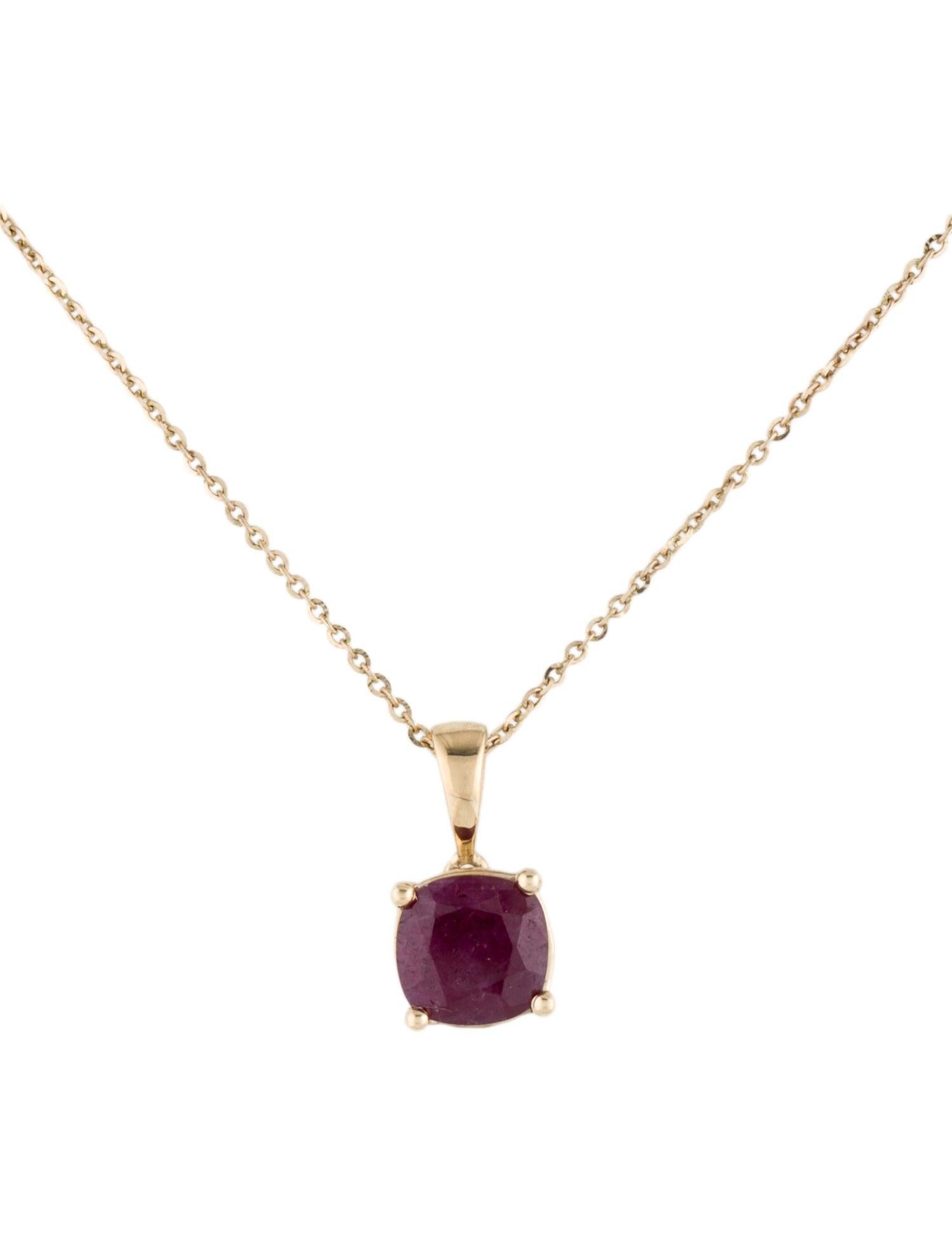 Presenting our exquisite 14K Yellow Gold Ruby Pendant Necklace, a masterpiece that epitomizes luxury and elegance. This stunning piece features a 1.56 carat Cushion Brilliant Ruby, meticulously set in the warm hues of 14K yellow gold. Sized at an