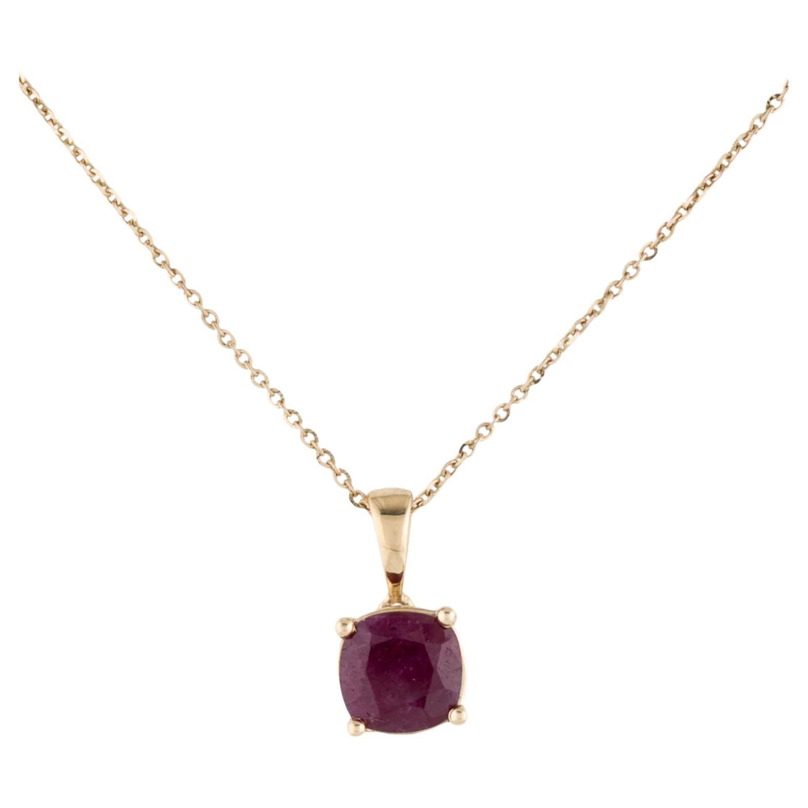 14K Yellow Gold Cushion Brilliant Ruby Pendant Necklace, 1.56ct, 18" Length For Sale
