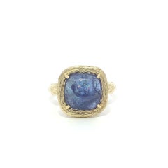 14k Yellow Gold Cushion Cabochon Tanzanite Solitaire Bark Textured Finish Ring