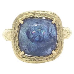 14k Gelbgold Cushion Cabochon Tansanit Solitär Rinde strukturierte Oberfläche Ring