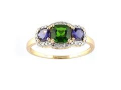 14K Yellow Gold Cushion Chrome Diopside and Iolite Three-Stone Halo Ring