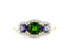 14K Gelbgold Cushion Chrom Diopsid und Iolith Drei-Stein Halo Ring