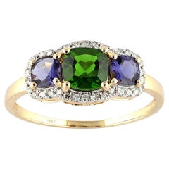 14K Yellow Gold Cushion Chrome Diopside and Iolite Three-Stone Halo Ring