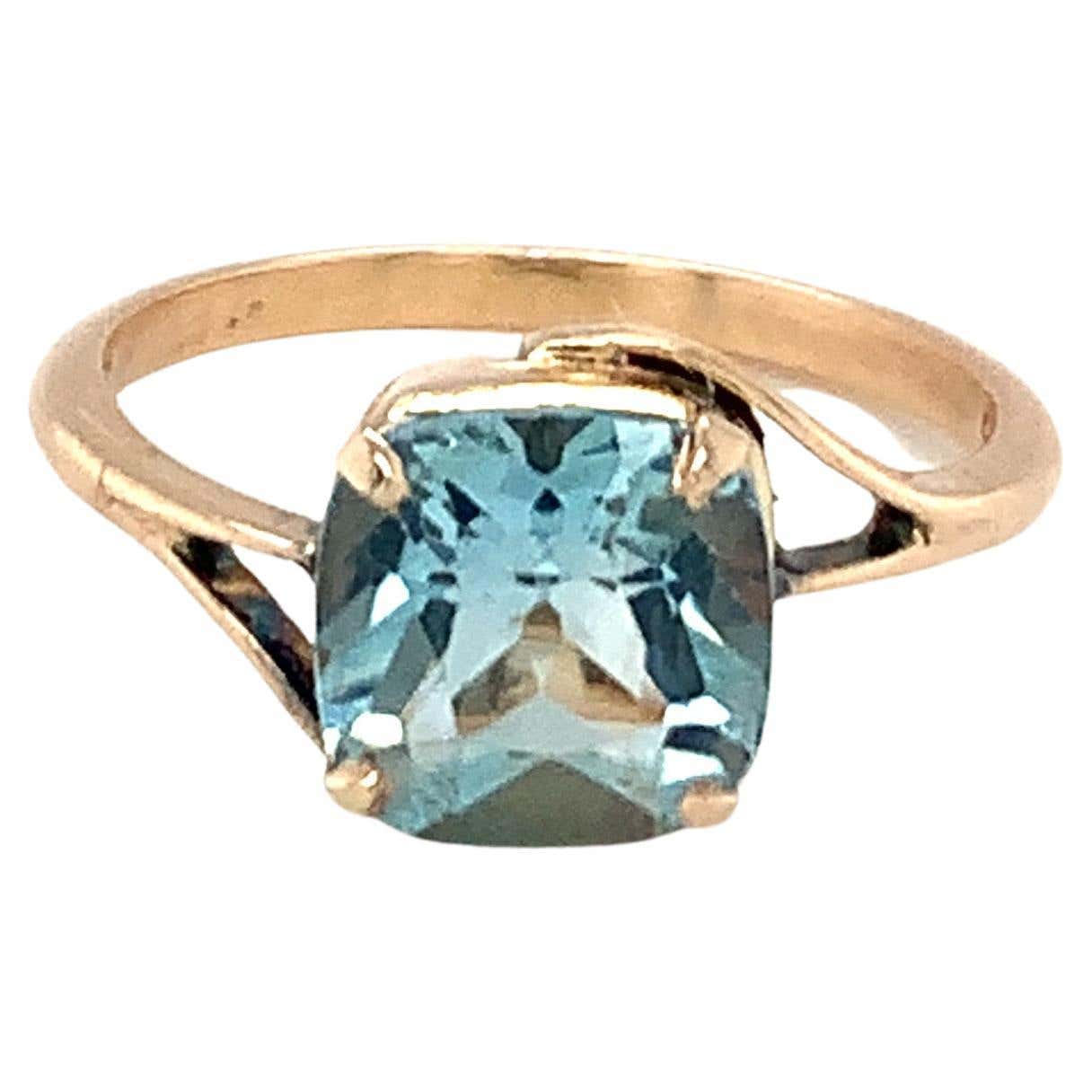 14K Yellow Gold Cushion Cut Aquamarine Solitaire Ring For Sale at 1stDibs
