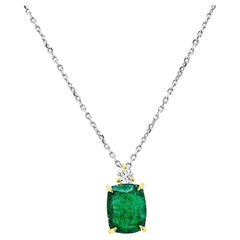 14K Yellow Gold, Cushion Cut Emerald w/ Diamond Setting Top