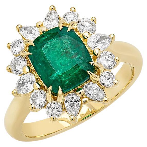 For Sale:  14K Yellow Gold Cushion Cut Emerald with Pear and Round Shape Diamond Ring