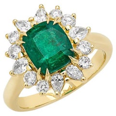 14K Yellow Gold Cushion Cut Emerald with Pear and Round Shape Diamond Ring